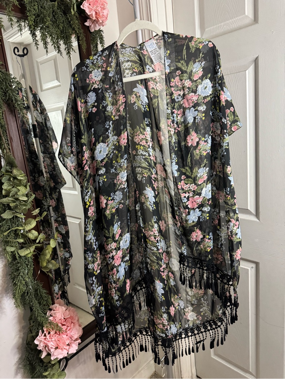 Time and Tru Black Sheer Floral Kimono with Pink & Blue Blooms